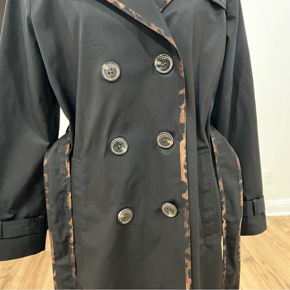 Tahari Black Raincoat Leopard Trim Belted Double Breasted Trench Size S - Picture 13 of 16